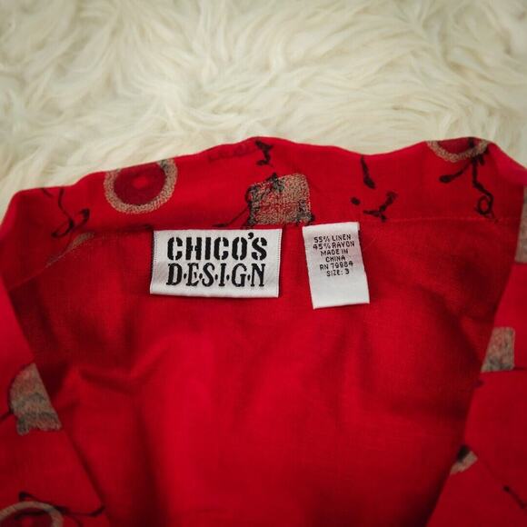 Chico's 3 Size XL Red Asian Print Symbols Print Button Down Linen Blend Top - Picture 4 of 5